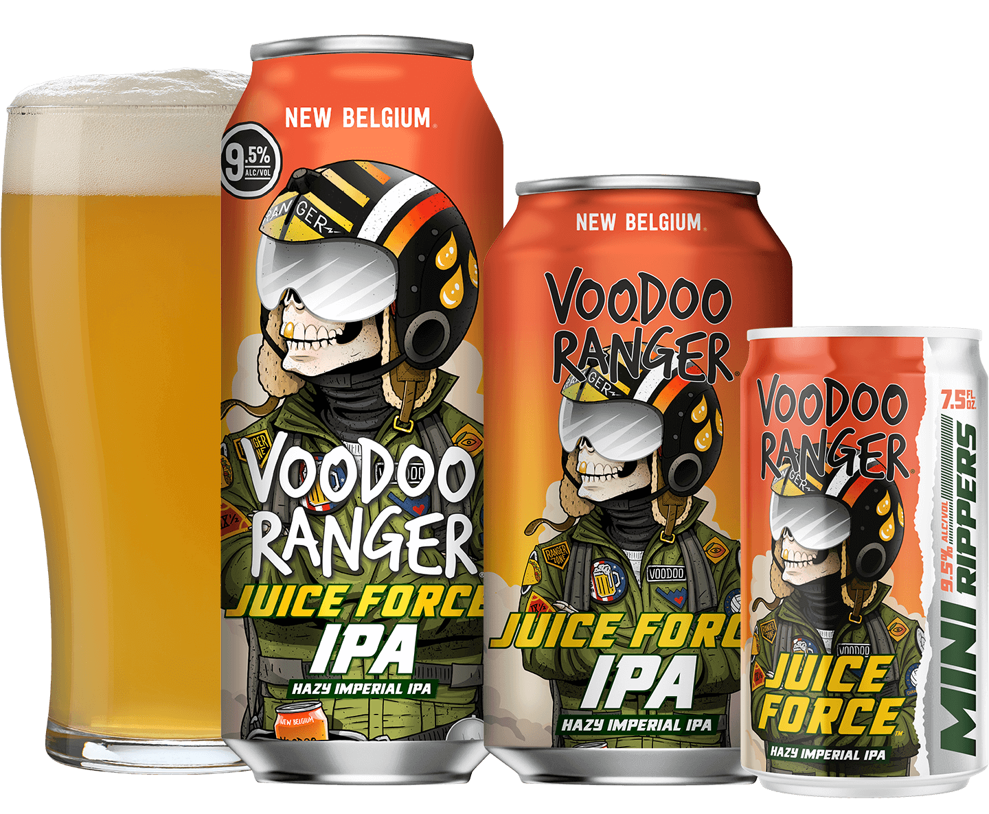 Juice Force family, featuring a full pint glass, 19.2oz can, 12oz can, and 7.5oz Mini Ripper can